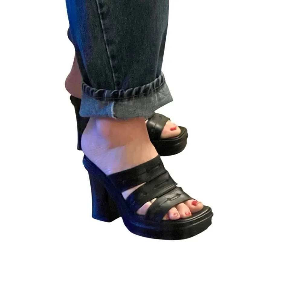 Y2K 90s Boho MIA Madden Chunky Leather Platform Slide Sandal Black Lug Sole 6.5